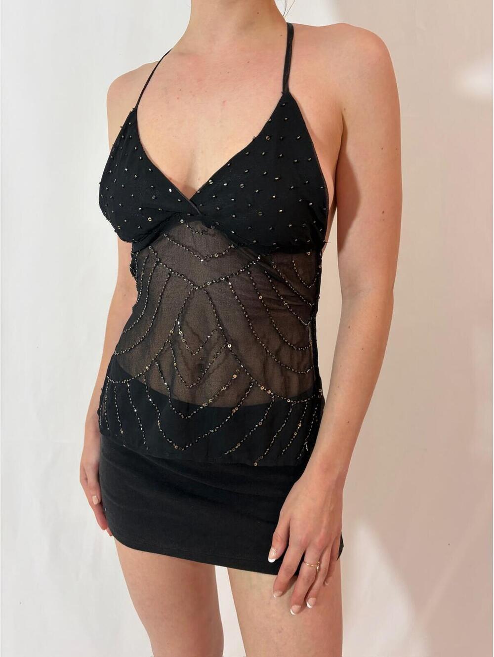 Black Beaded Mesh Backless Y2K Inspired Upcycled Going Out Top